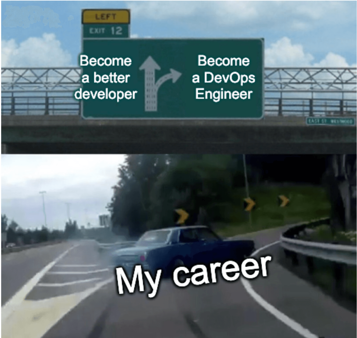 A car labeled "My career" swerves towards an exit labeled "Become a DevOps Engineer," avoiding the straight path "Become a better developer."